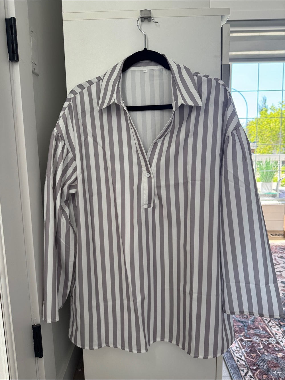 NWOT Women's Striped Button-Front Blouse in Gray & White